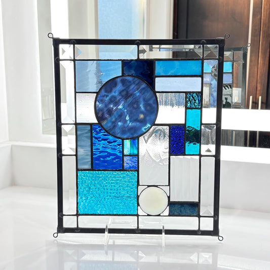 10.5" x 12.5" blue abstract stained glass panel