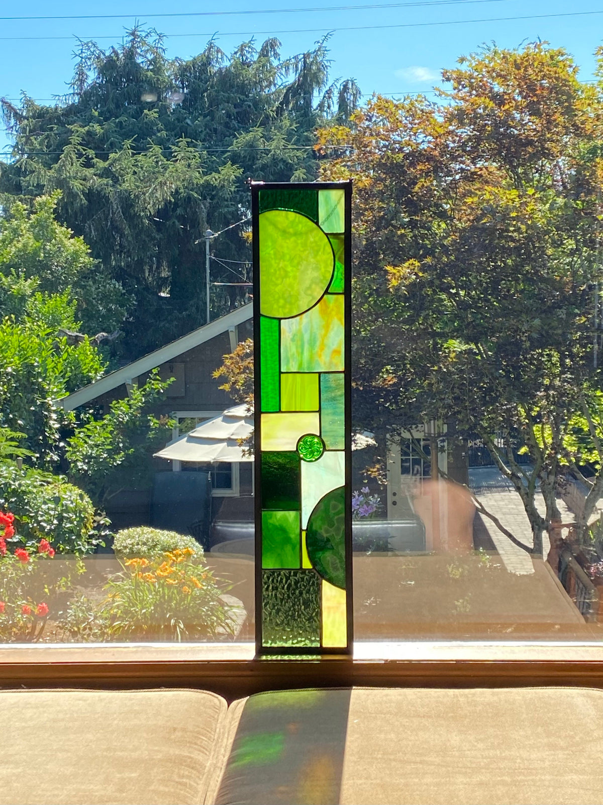 5" x 24" narrow green abstract stained glass panel
