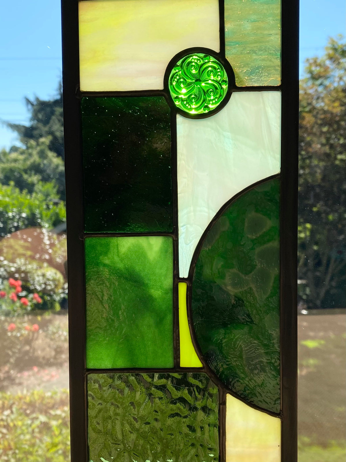 5" x 24" narrow green abstract stained glass panel