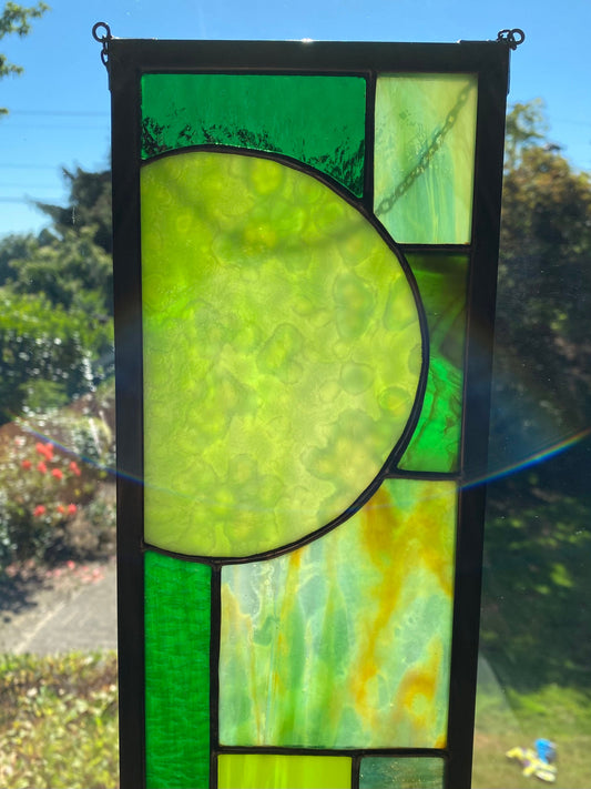 5" x 24" narrow green abstract stained glass panel
