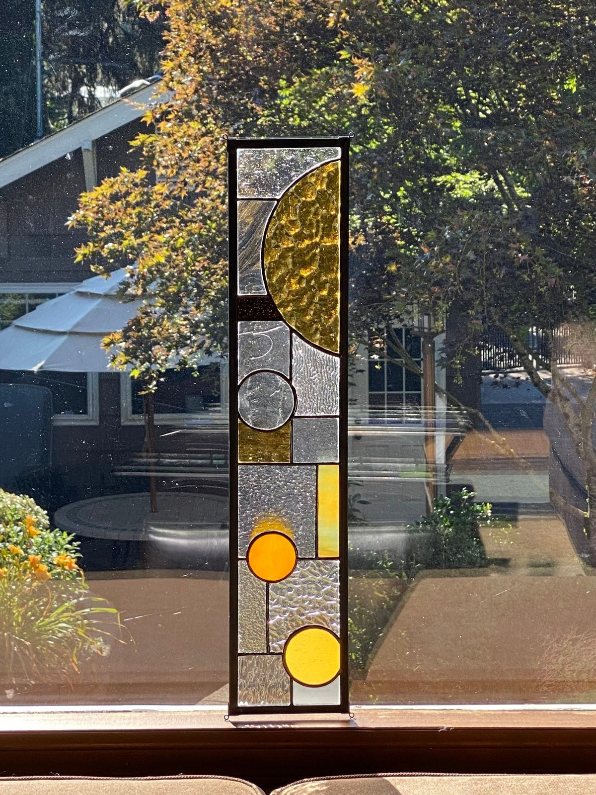 5" x 24" half circle abstract stained glass panel