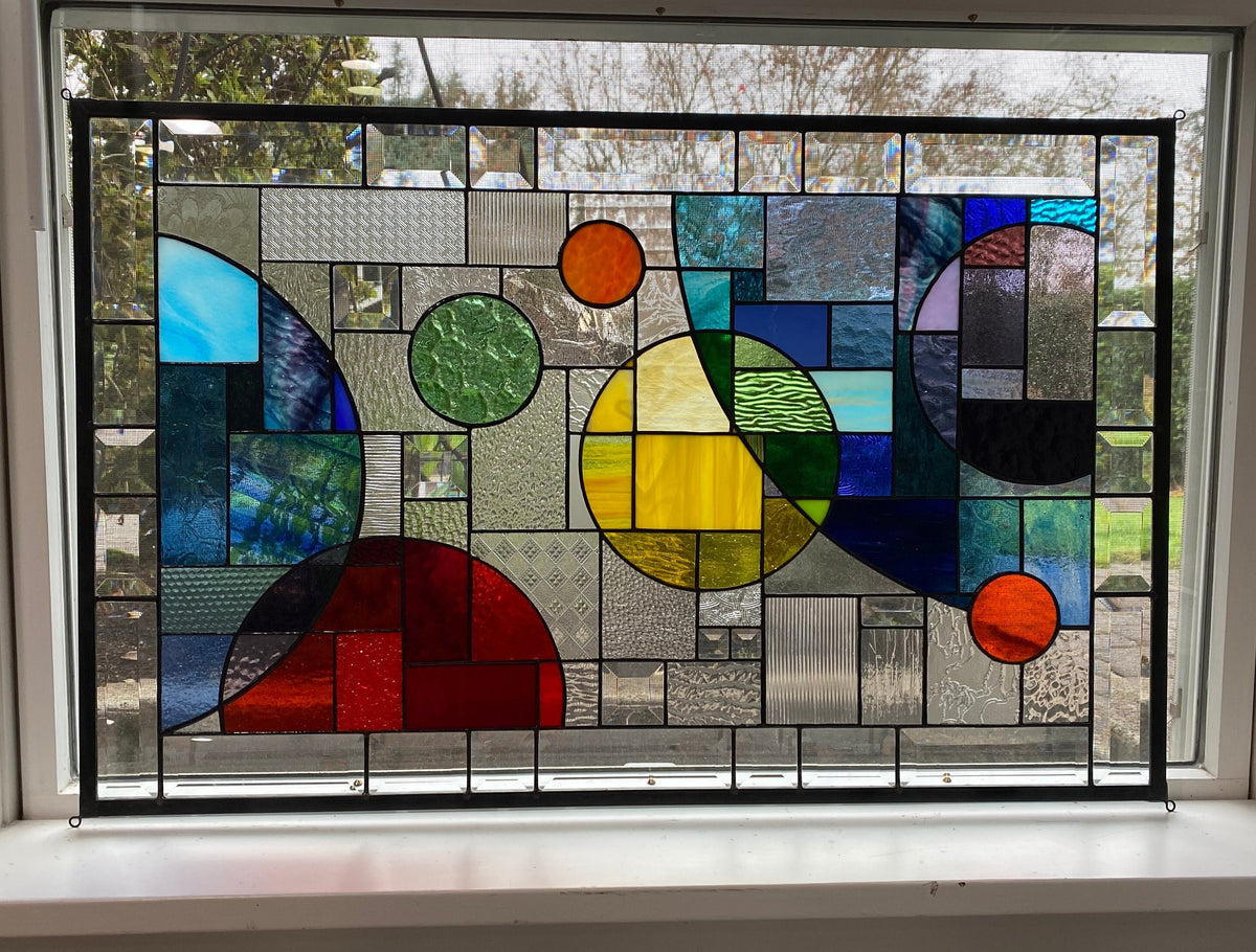 21" x 33" rainbow abstract stained glass window
