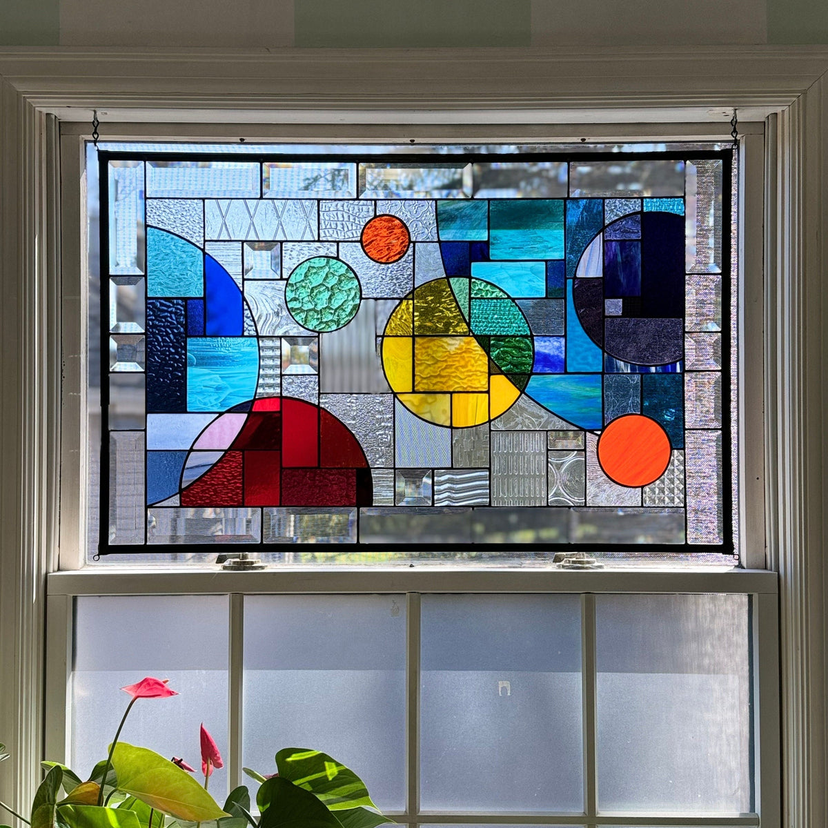 21" x 33" rainbow abstract stained glass window