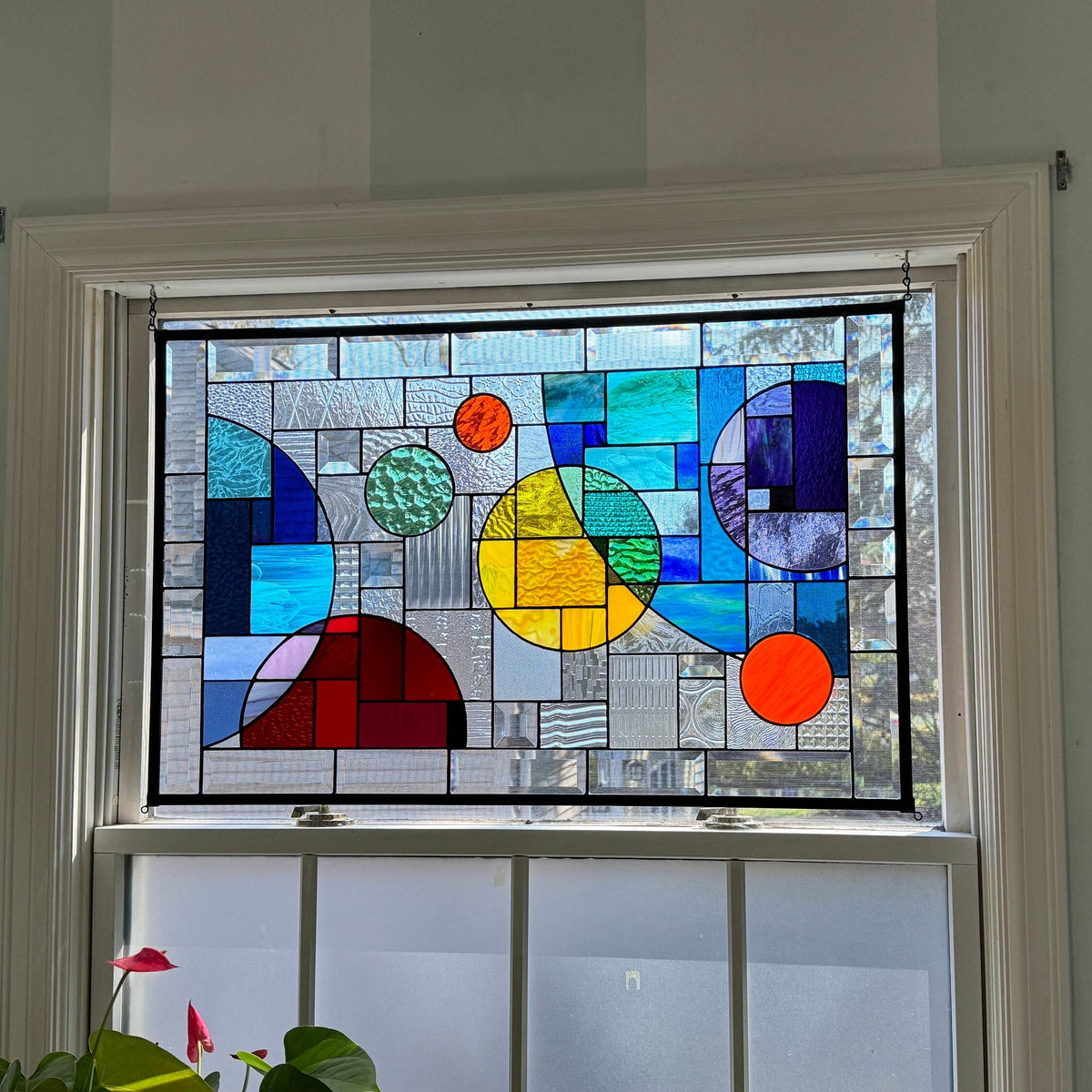21" x 33" rainbow abstract stained glass window