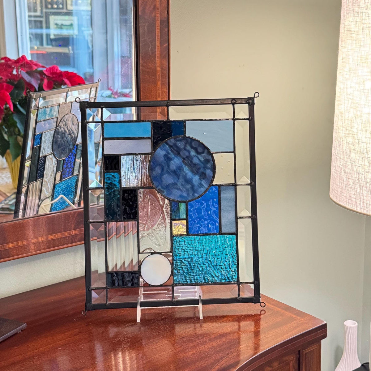10.5" x 12.5" blue abstract stained glass panel