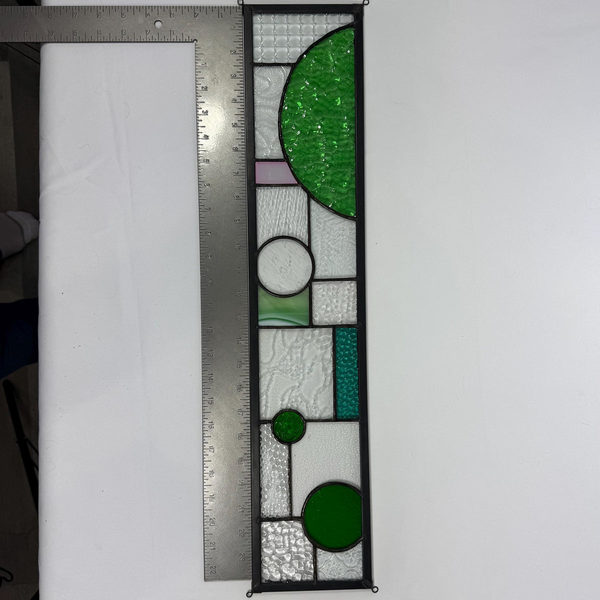 5" x 24" green half circle abstract stained glass panel