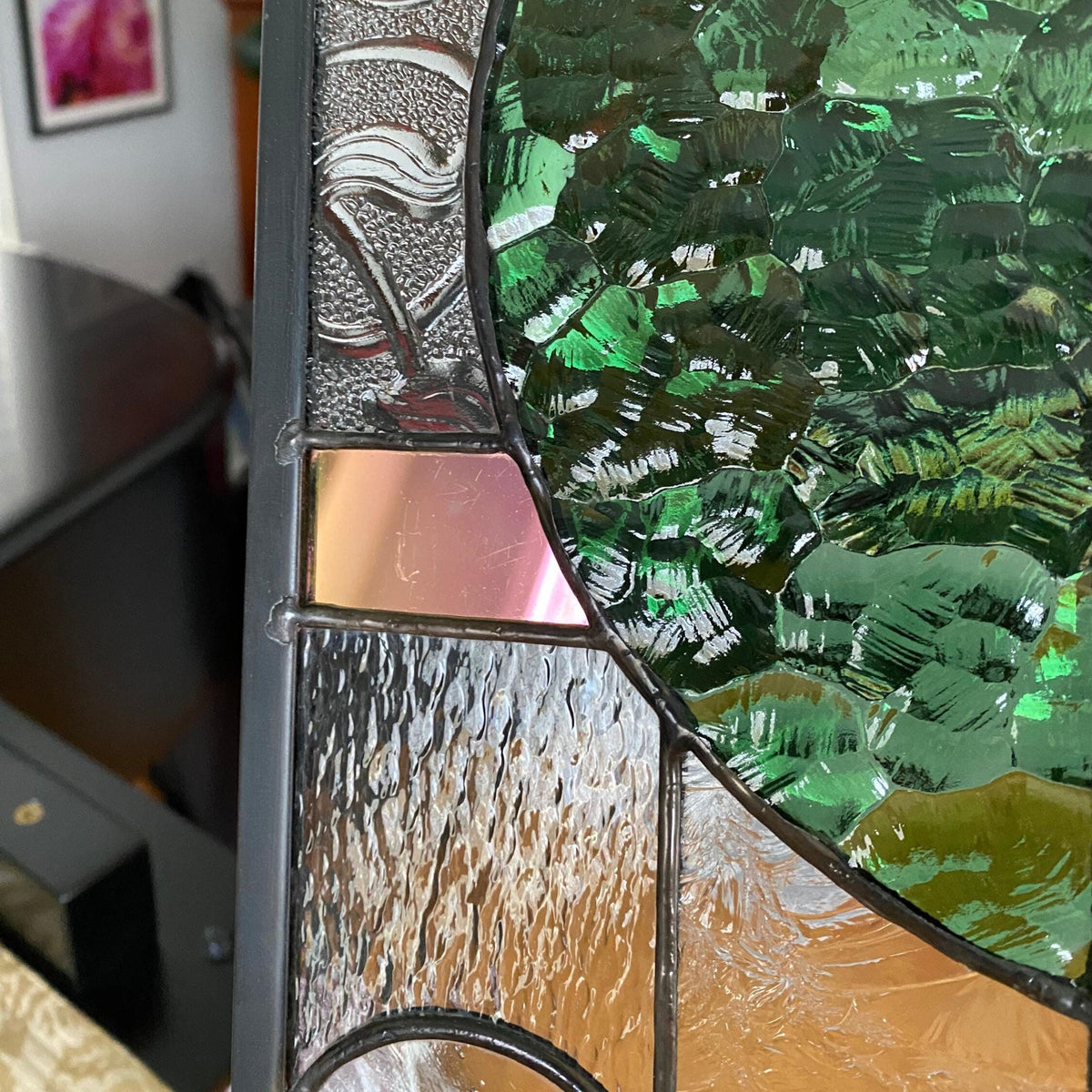 5" x 24" green half circle abstract stained glass panel