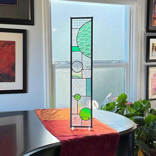 5" x 24" green half circle abstract stained glass panel