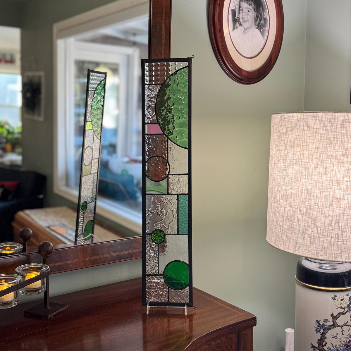 5" x 24" green half circle abstract stained glass panel