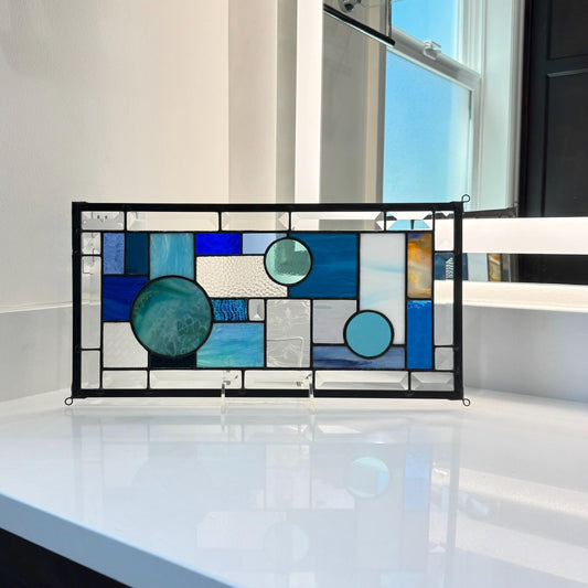 8.5" x 16.5" blue abstract stained glass panel