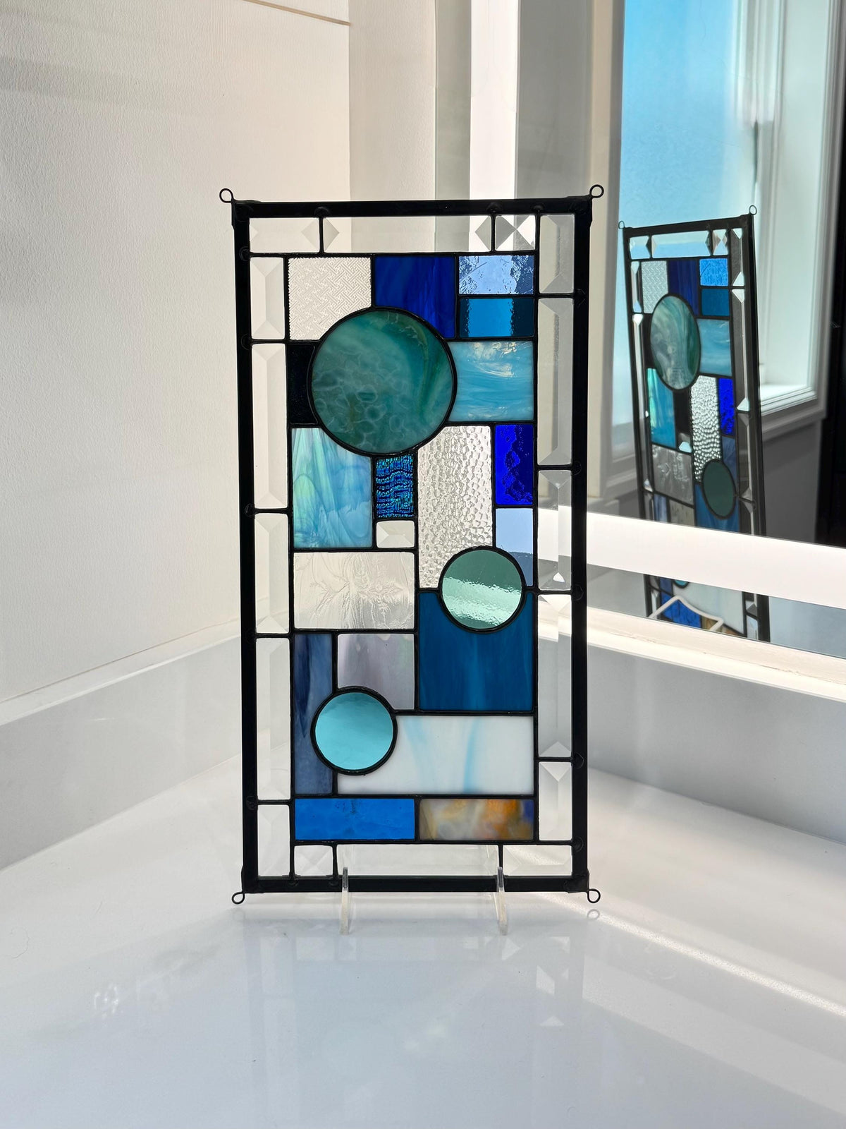 8.5" x 16.5" blue abstract stained glass panel