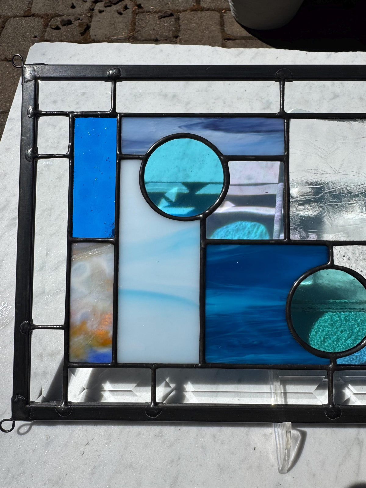 8.5" x 16.5" blue abstract stained glass panel